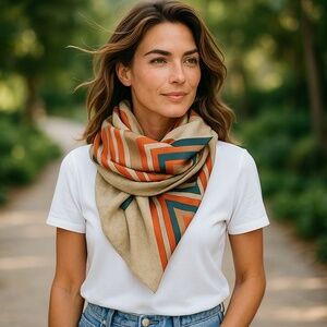Carita Brown & Orange Stripe 100% Silk Square Scarf – Made in Italy - 30"X30.5"